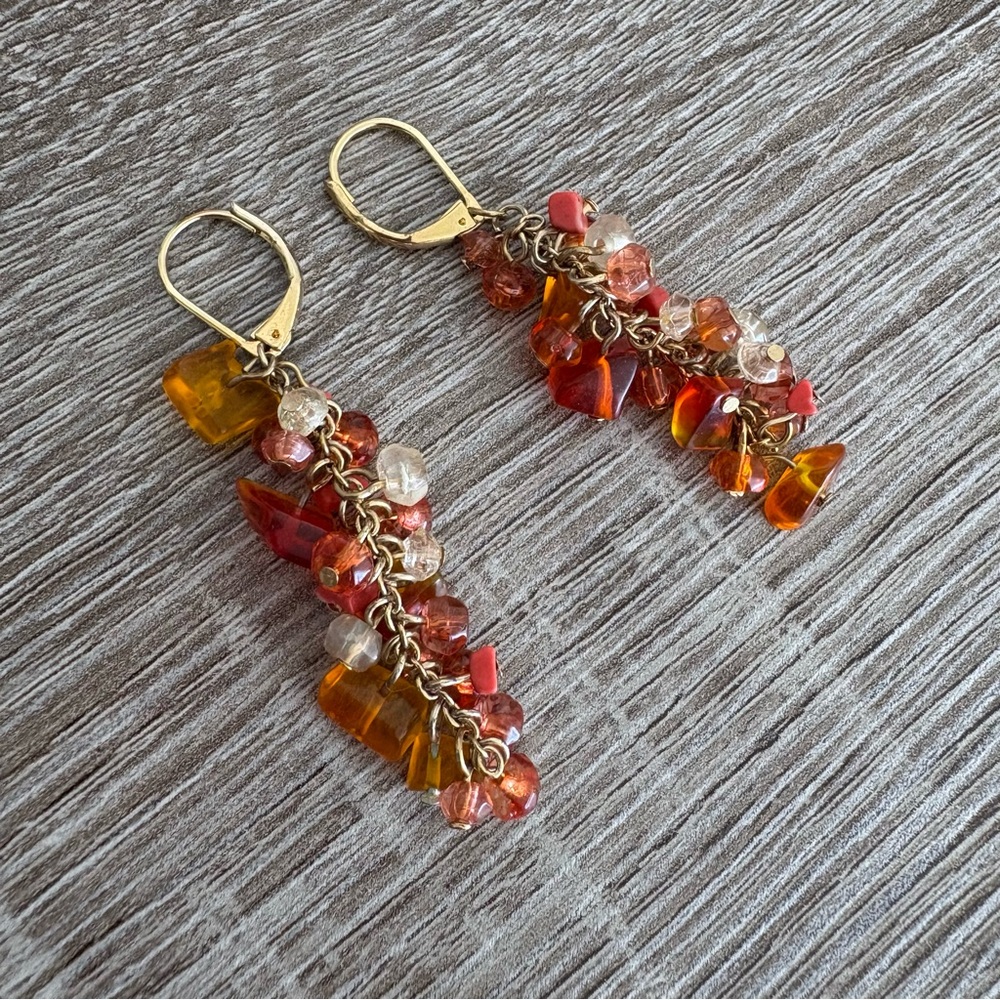 Elegant Gold and Red Orange Beaded Dangle Earrings